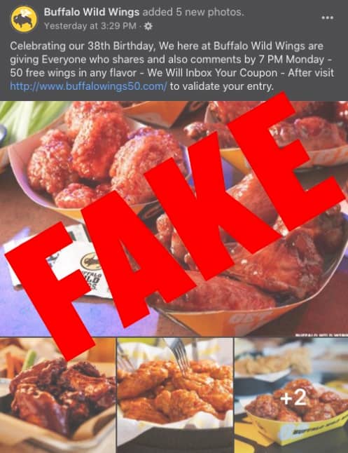 uærlig vest mareridt Scam alert: Beware the 'Free Buffalo Wild Wings Gift Card' scam that's  making the rounds on Facebook